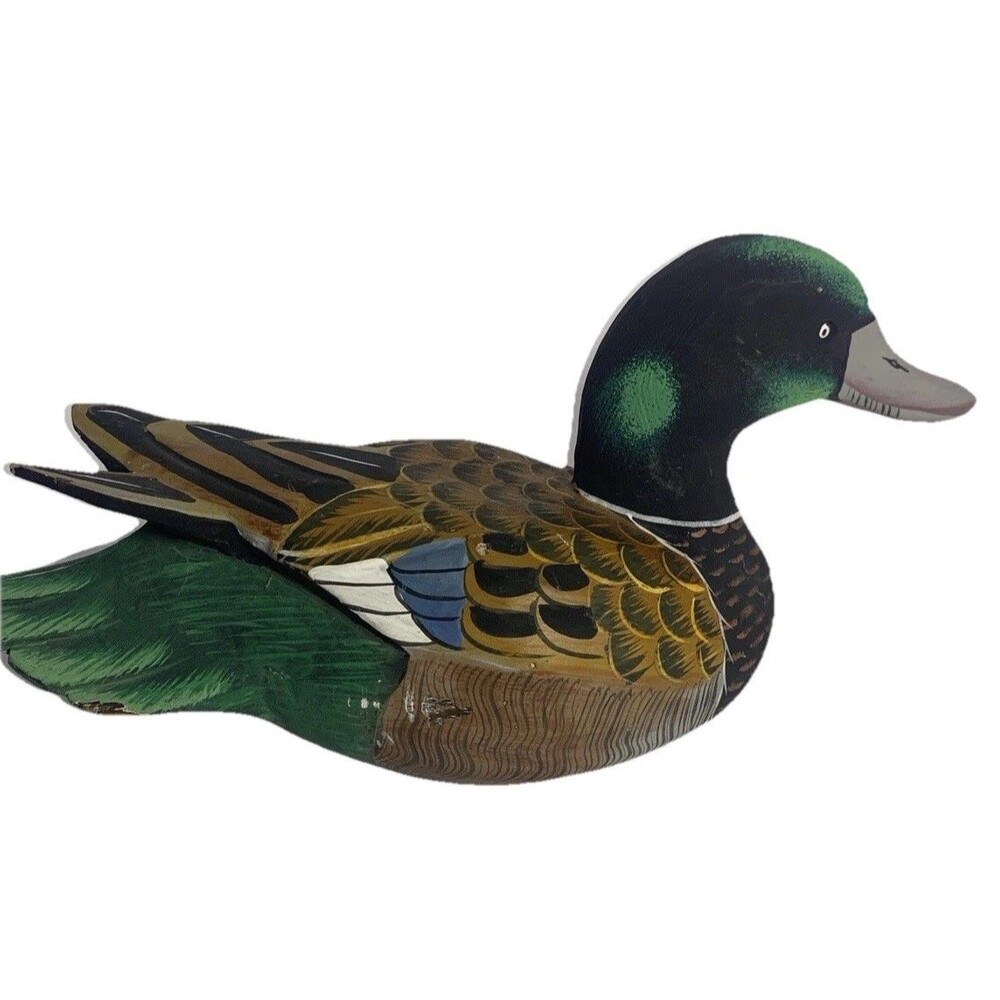 Vtg Hand Painted Wood Duck Decoy, Decorative, 12” Long